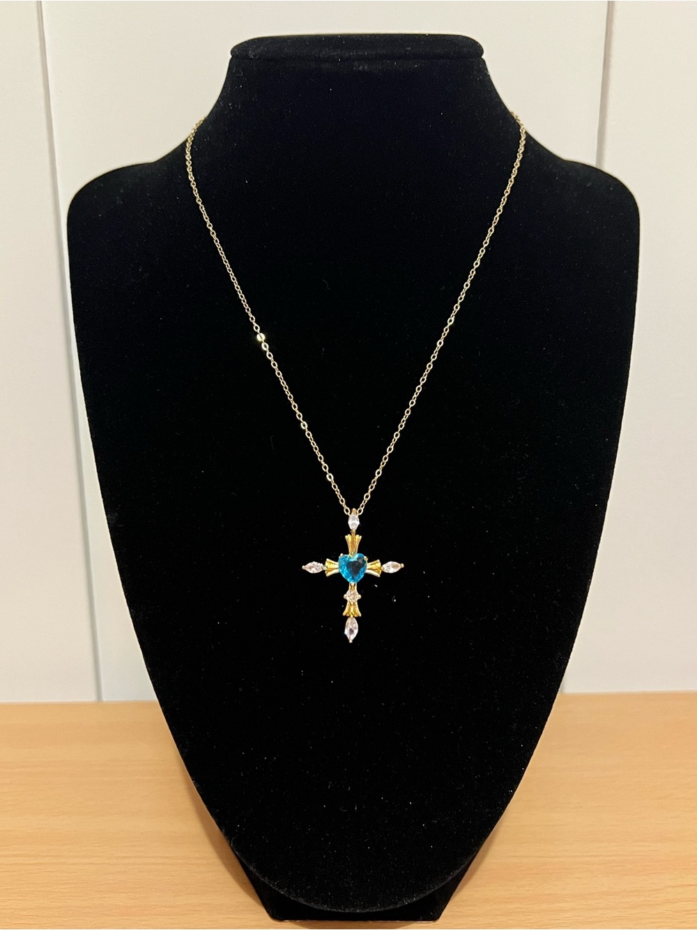 Gold Tone Necklace with Blue Heart Cross Pendant